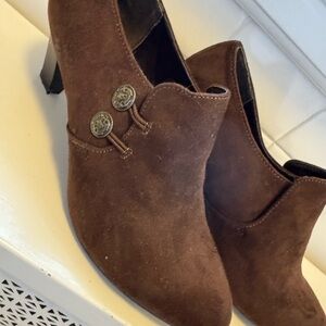 Rialto Brown Suede Mid-Heel Slip-On Shoes with Button Accent